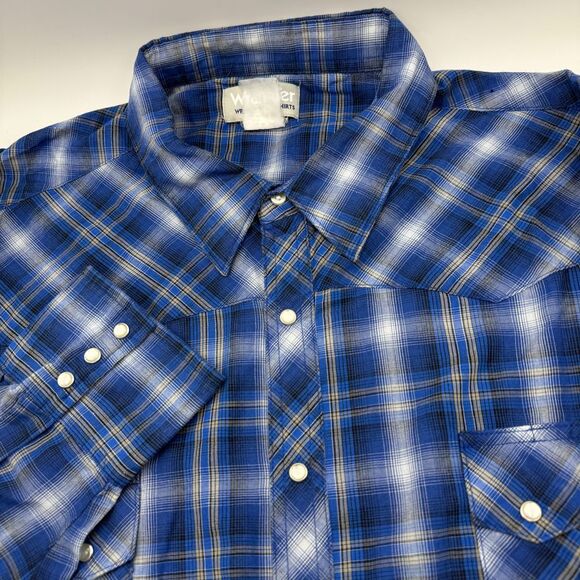 Vintage Wrangler Wrancher Western Shirt Plaid Long Sleeve Pearl Snap Blue 3XL‎ - Picture 1 of 6